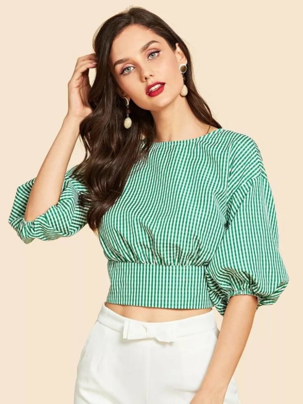 Gingham smocked-waist crop top with three-quarter puff sleeves size 6